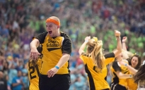 Danny Ford, a Dancer Relations captain from Erie, Pa., leads the line dance during the final four hours of THON. 
